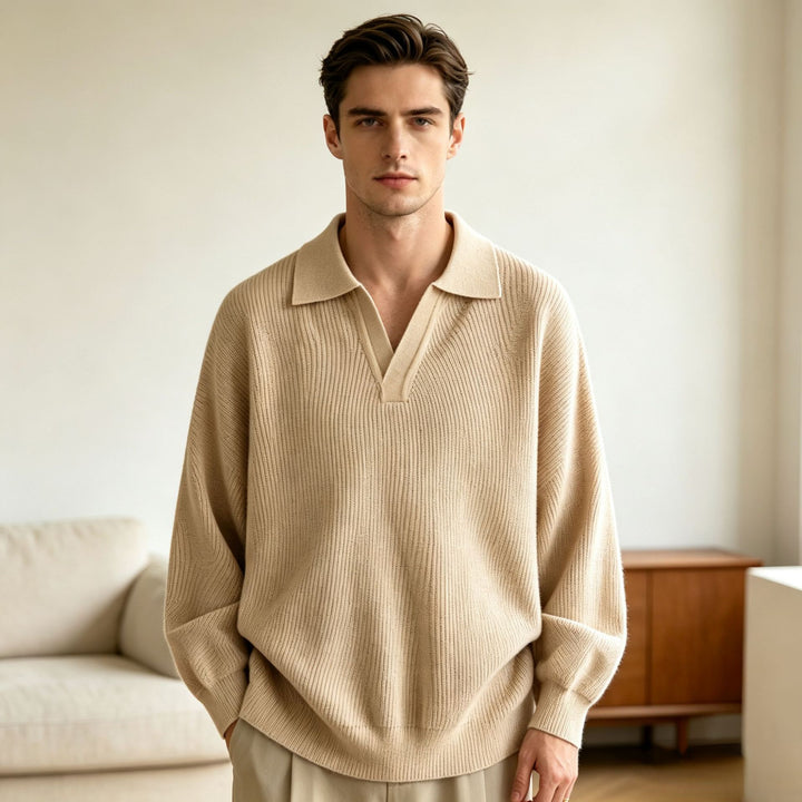 Unisex Oversized Fine Knit Polo Sweater with Open V-Neck and Casual Silhouette Mune Fashion