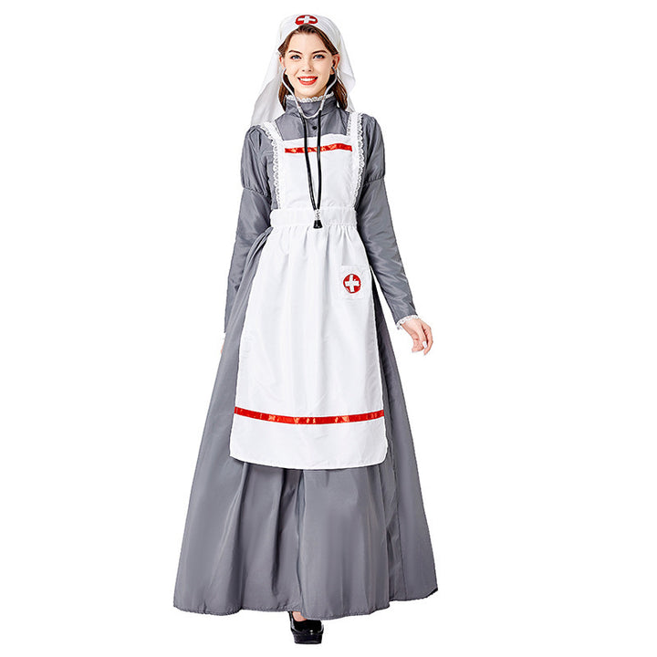 Women's vintage nurse costume with apron and headscarf Mune Fashion