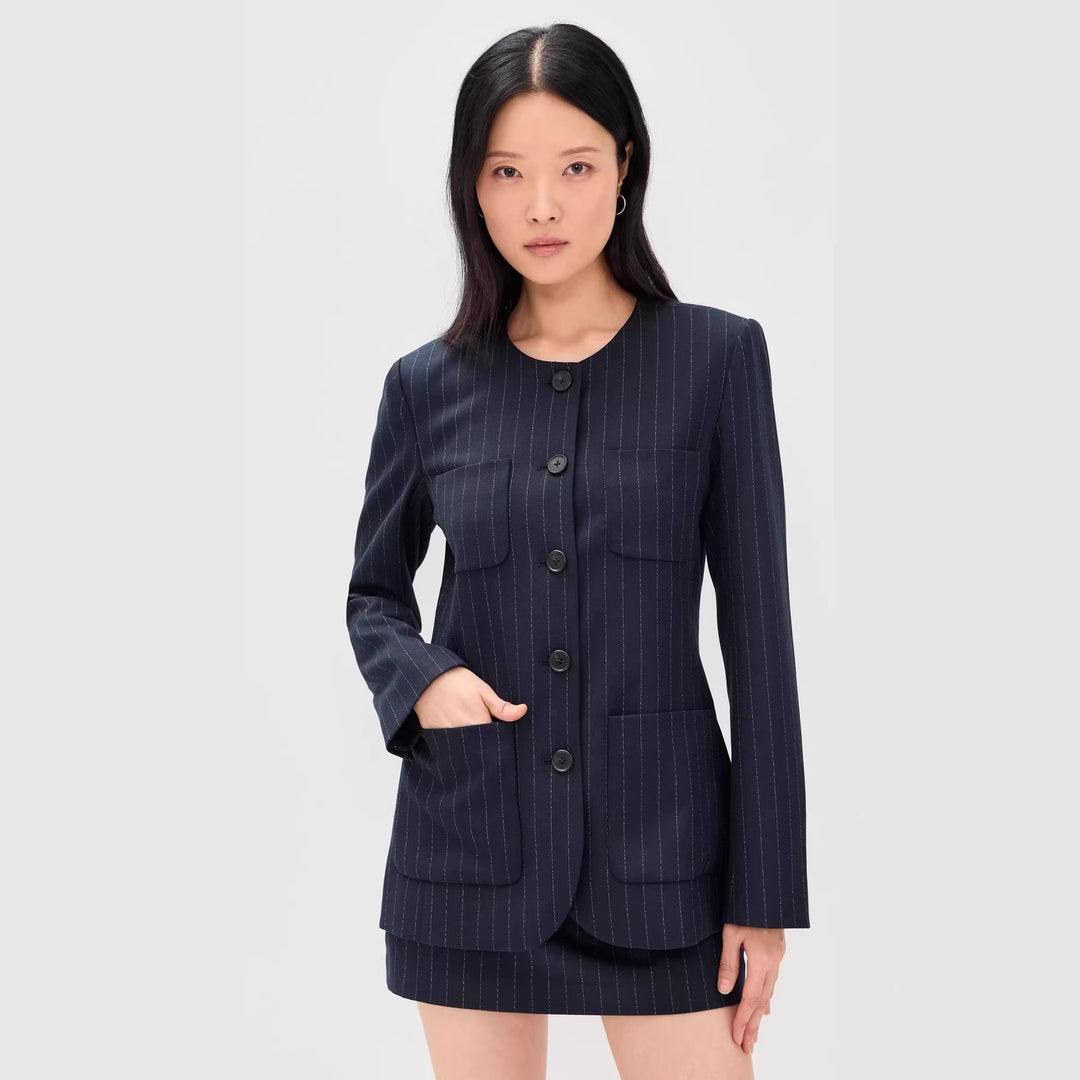 Women Two-Piece Pinstripe Tailoring Set with Collarless Blazer and High-Cut Mini Skirt Mune Fashion