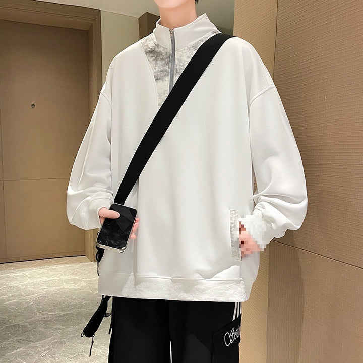 Men's Oversize Stand Collar Half Zip Sweatshirt with Kangaroo Pocket & Contrast Inner Placket Mune Fashion