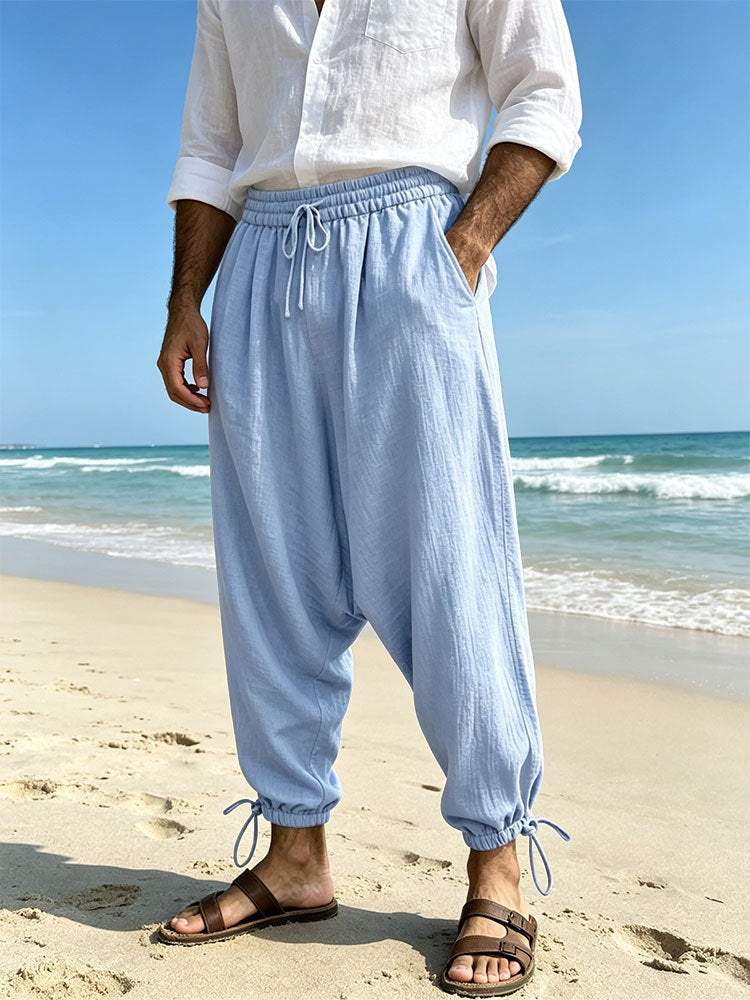 Men's Loose Linen Harem Pants with Elastic Waistband and Adjustable Ankle Cuffs Mune Fashion