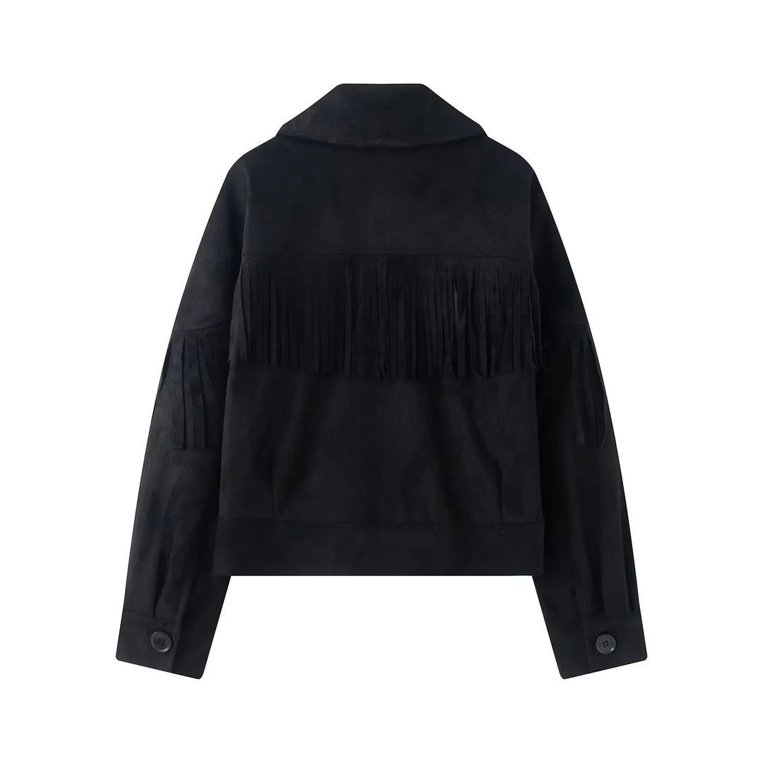Ladies nan short suede look fringe jacket with lapel collar and concealed button placket Mune Fashion