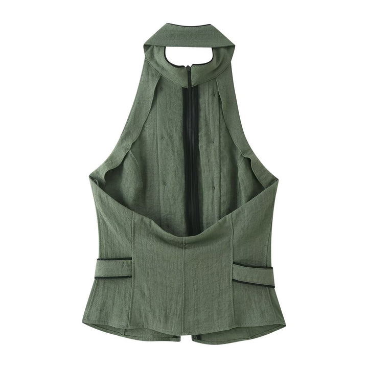 Women's Tailored Sleeveless Vest with Double-Breasted Button Placket and Stand-Up Collar Mune Fashion