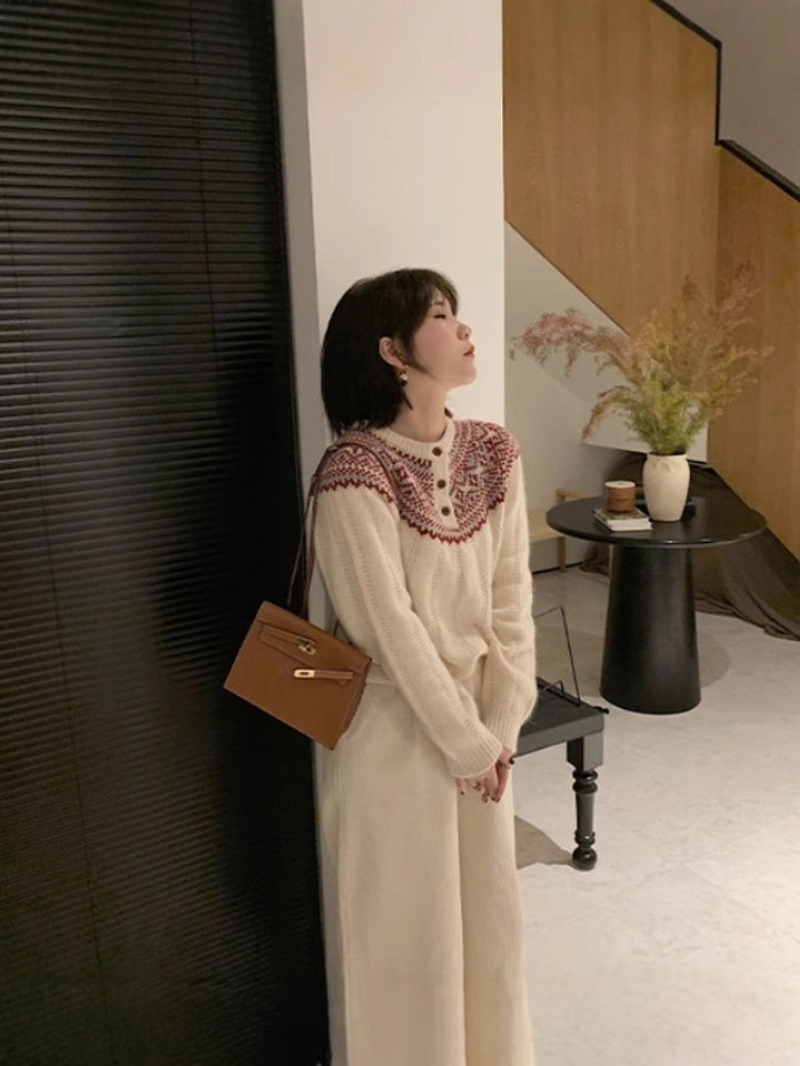 Women Norwegian pattern round yoke sweater with button placket and mohair look Mune Fashion