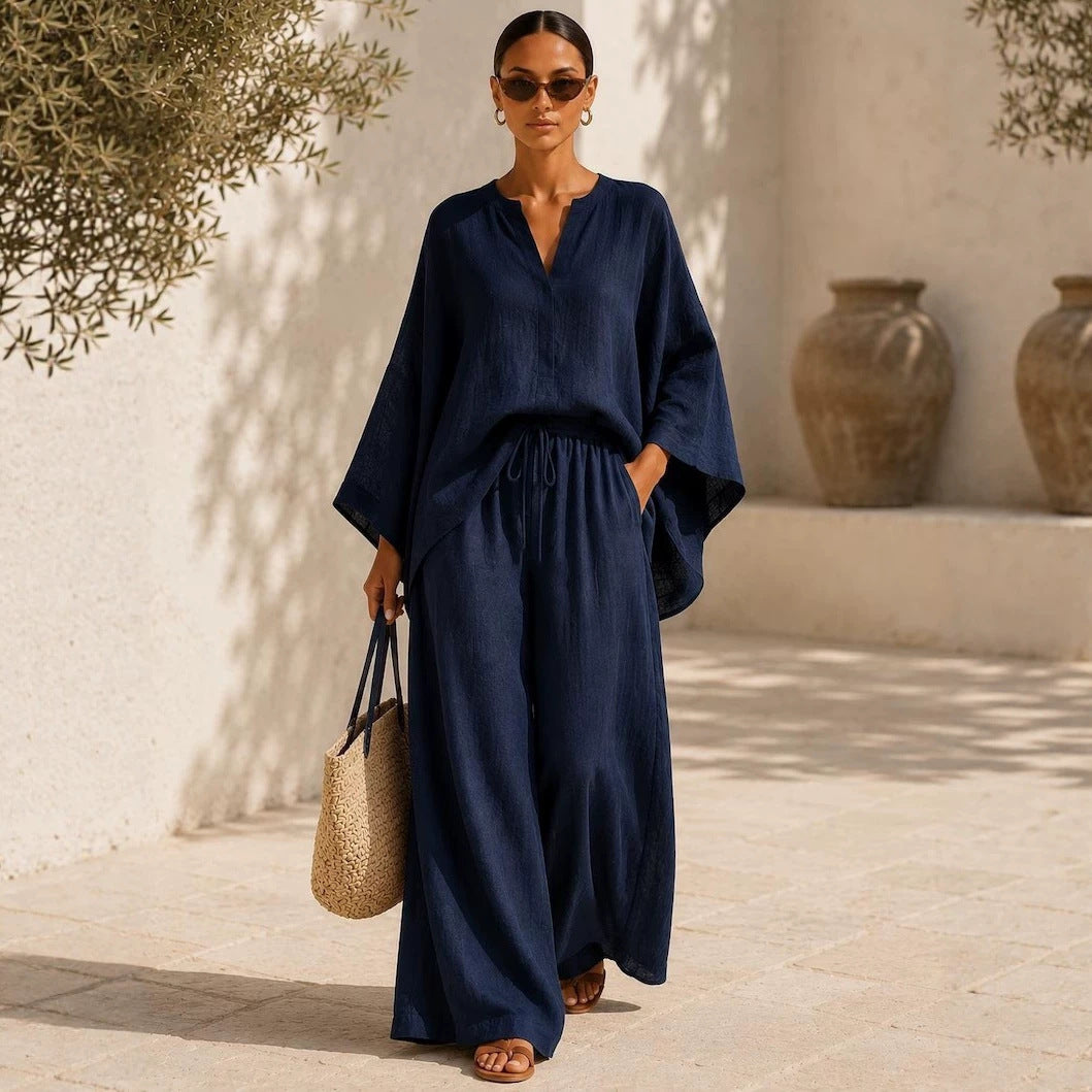 Women's Lightweight Linen-Blend Oversized Kaftan Top and Drawstring Wide-Leg Pants Set Mune Fashion