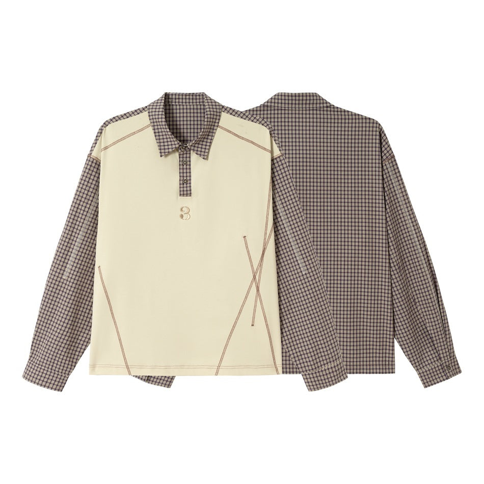 Unisex Oversize Long Sleeve Polo Shirt with Checked Sleeves, Shirt Collar and Decorative Topstitching Mune Fashion