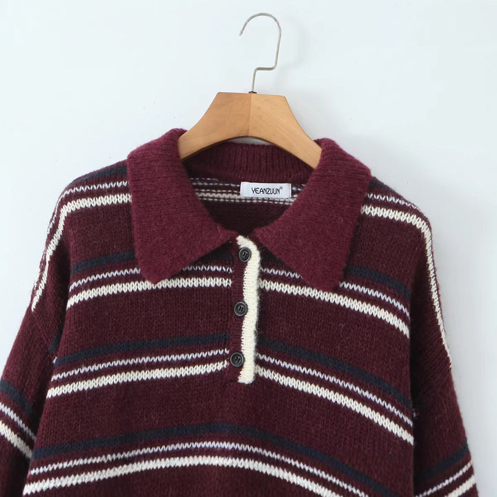 Women Striped Knit Sweater with Polo Collar and Oversized Sleeves Mune Fashion