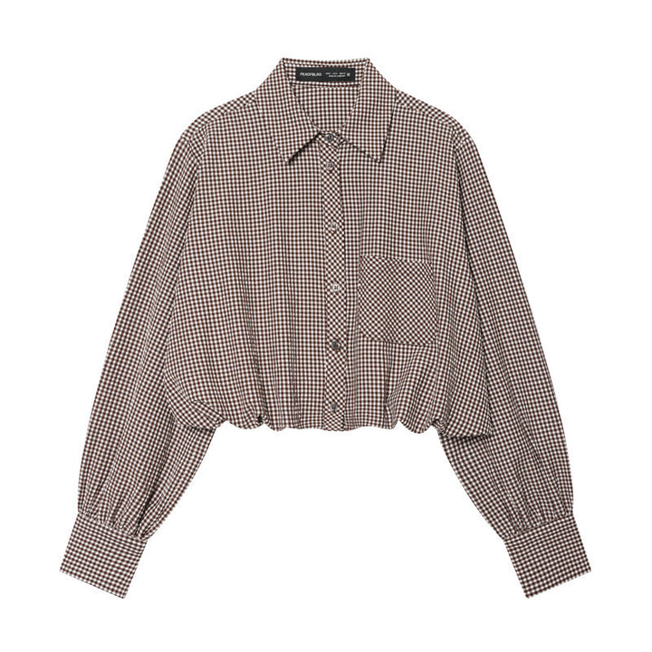 Ladies Short-Cut Checked Blouse with Balloon Sleeves, Elastic Hem and Breast Pocket Mune Fashion