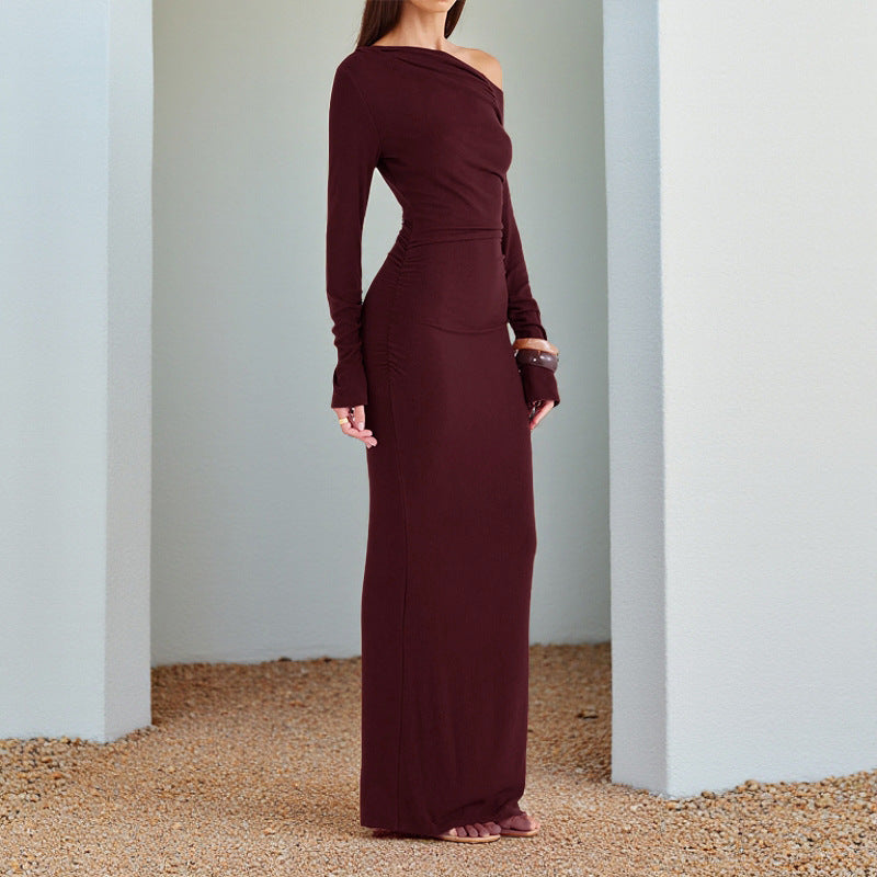 Women One-Shoulder Evening Maxi Dress with Long Sleeve and Tailored Draping Mune Fashion