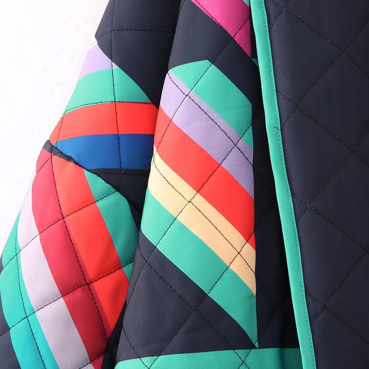 Women's Oversized Quilted Kimono Jacket with Geometric Color Block Print and Wide Sleeve Cut Mune Fashion