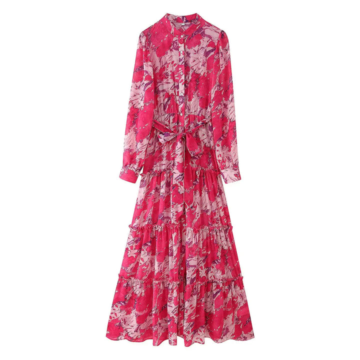 Women's long tiered maxi dress with full-length button placket, waist belt, shirt collar, and ruffled tiers Mune Fashion