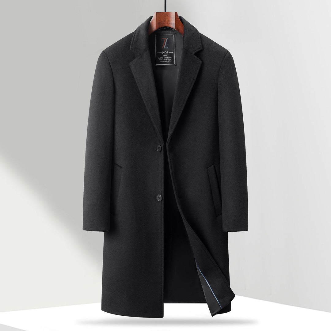 Men's Single-Breasted Knee-Length Wool Blend Overcoat with Narrow Lapels Mune Fashion
