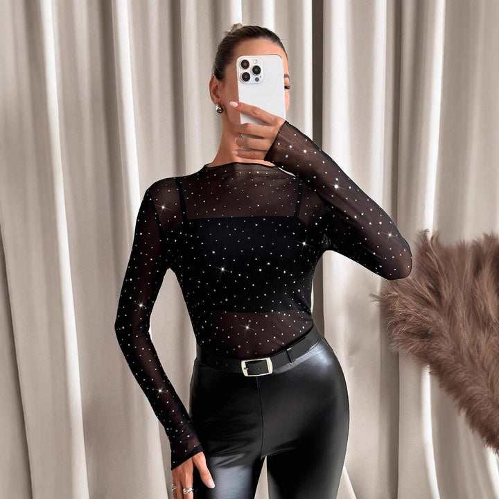 Women long sleeve transparent mesh shirt with rhinestone applications and integrated undershirt Mune Fashion