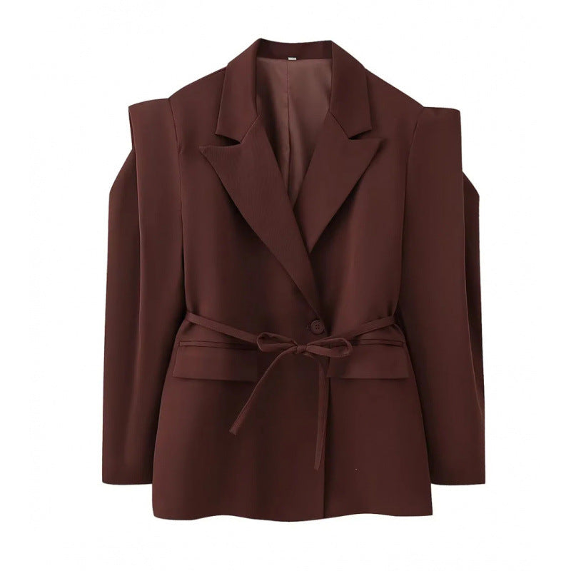 Women Tailored Blazer with Delicate Tie Waist, Emphasized Shoulder Area and Flap Pockets Mune Fashion