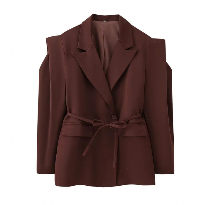 Women Tailored Blazer with Delicate Tie Waist, Emphasized Shoulder Area and Flap Pockets Mune Fashion