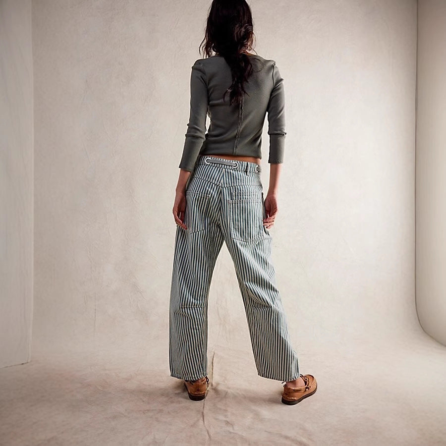 Women casual striped linen pants with drawstring and patch pockets Mune Fashion