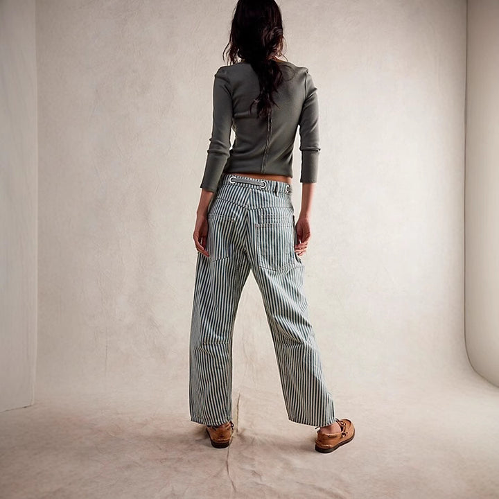 Women casual striped linen pants with drawstring and patch pockets Mune Fashion
