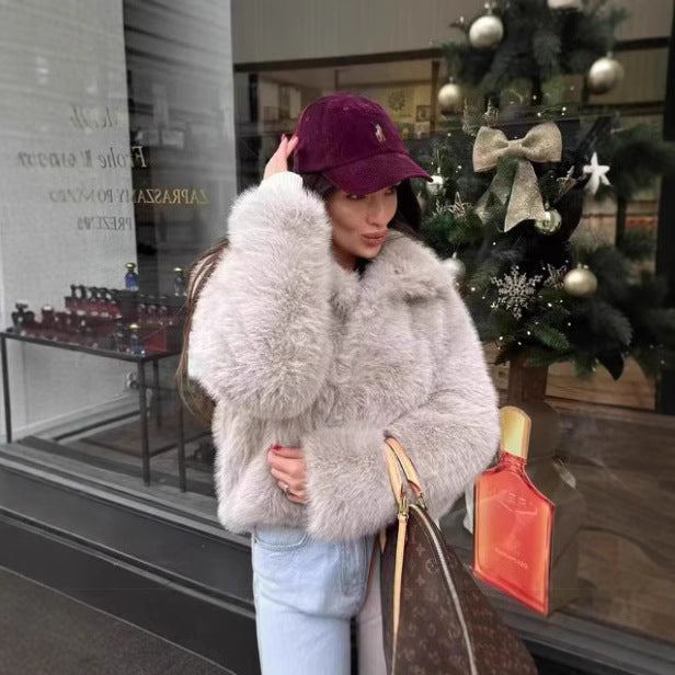Women's Short-Cut Faux Fur Blouson with Voluminous Shawl Collar and Dense Pile Mune Fashion