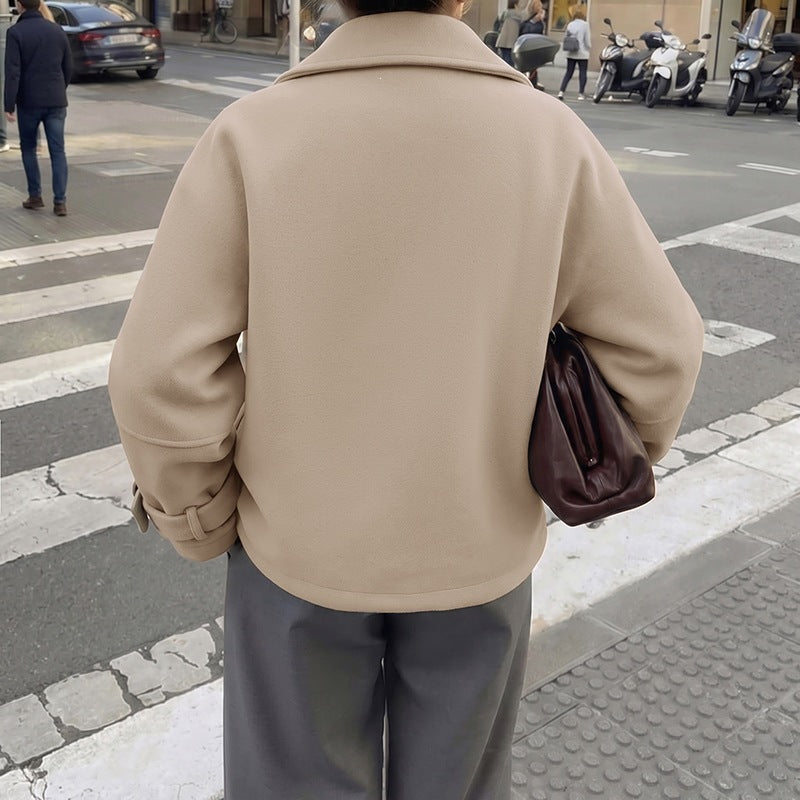 Women Short Cut Wool Blend Boxy Coat with Shirt Collar and Adjustable Cuffs Mune Fashion