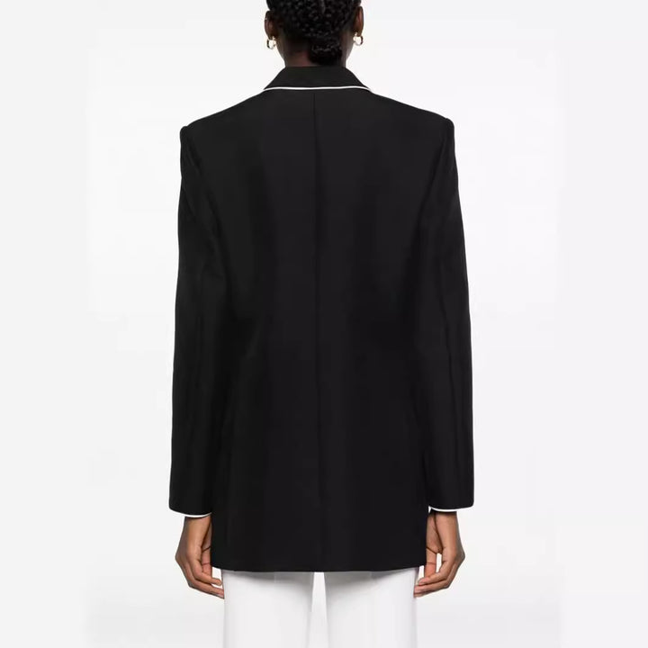 Women Oversize Blazer in Tuxedo Style with Contrasting Piping and Single Button Front Mune Fashion