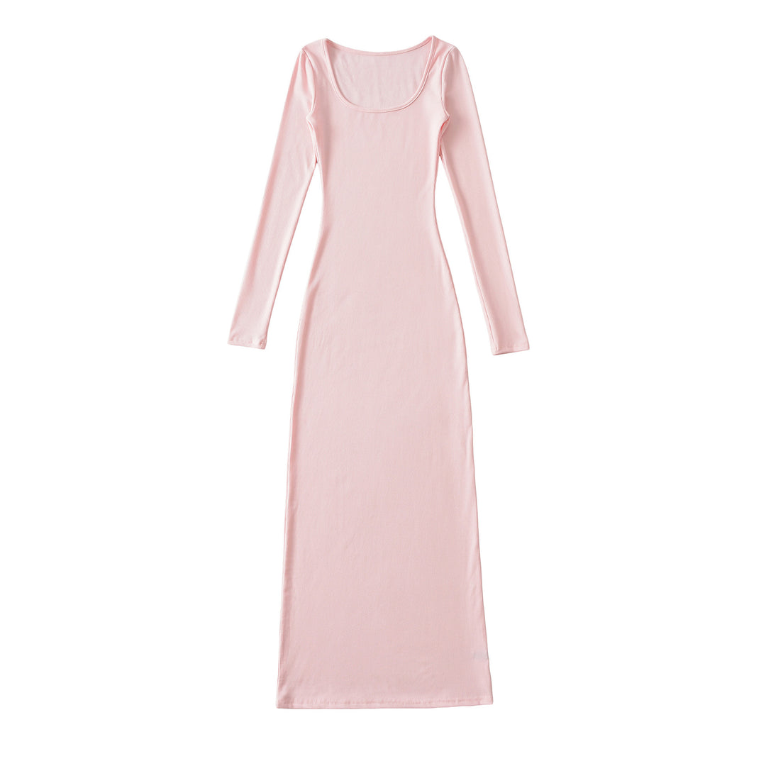 Women's figure-hugging ribbed midi dress with wide round neckline and long sleeves