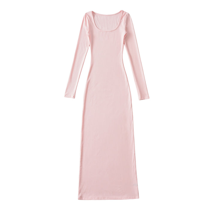 Women's figure-hugging ribbed midi dress with wide round neckline and long sleeves