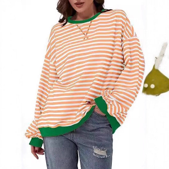 Women Casual Oversized Stripe Sweatshirt with Raglan Sleeves and Contrast Cuffs Drune