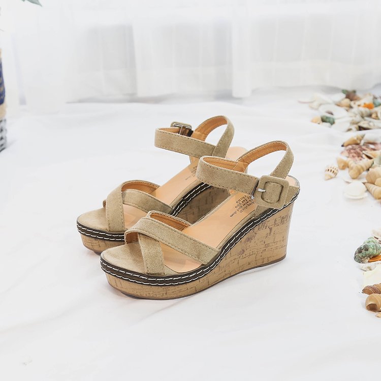 Women’s wedge sandals with cork platform adjustable ankle strap made of suede Mune Fashion