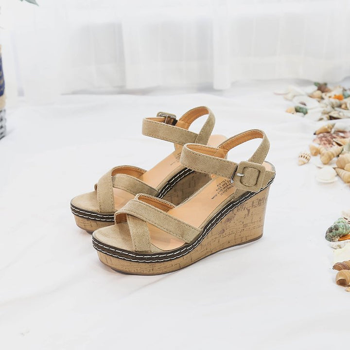 Women’s wedge sandals with cork platform adjustable ankle strap made of suede Mune Fashion
