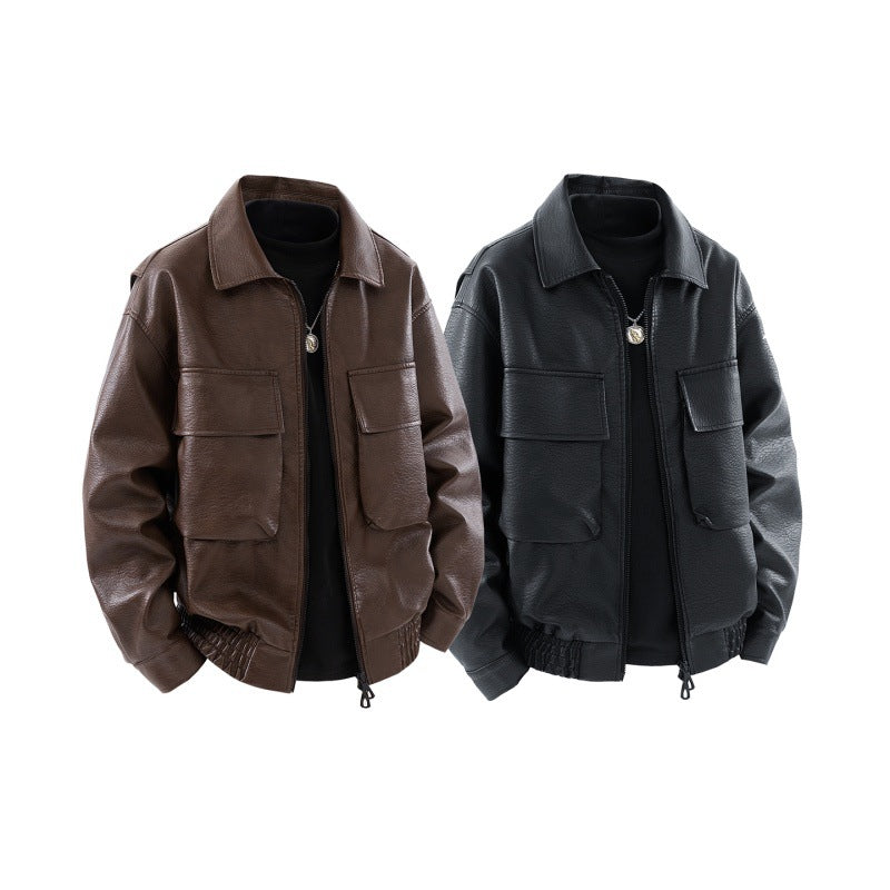 Men's Boxy Faux Leather Flight Jacket with Large Flap Front Pockets andElastic Waistband Mune Fashion