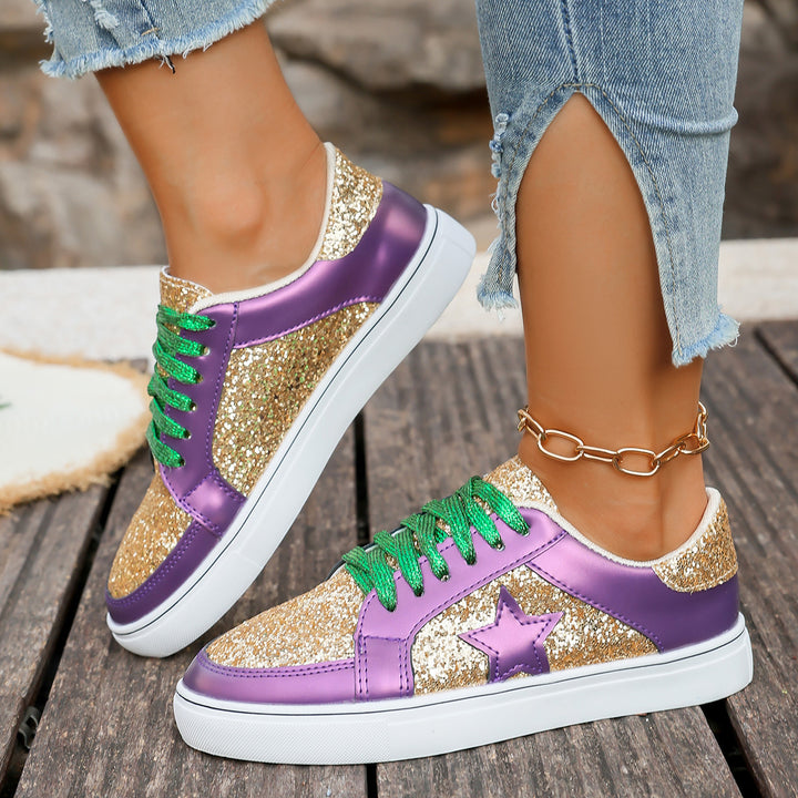 Women's fashionable platform sneakers with glitter panels, star appliqué, and padded comfort sole Mune Fashion