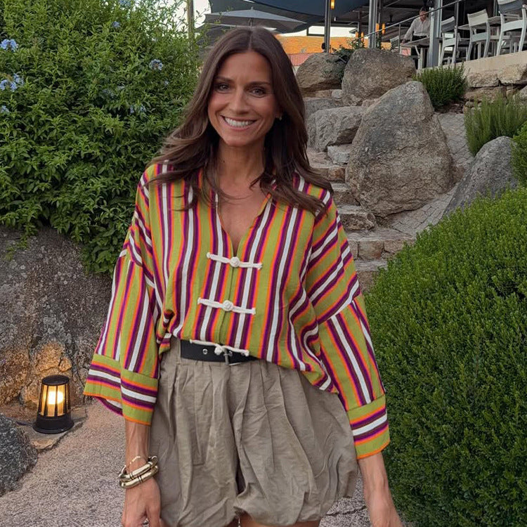 Women's Striped Lightweight Short Blouse with V-Neck, Three-Quarter Sleeves & Decorative Knot Closures Mune Fashion