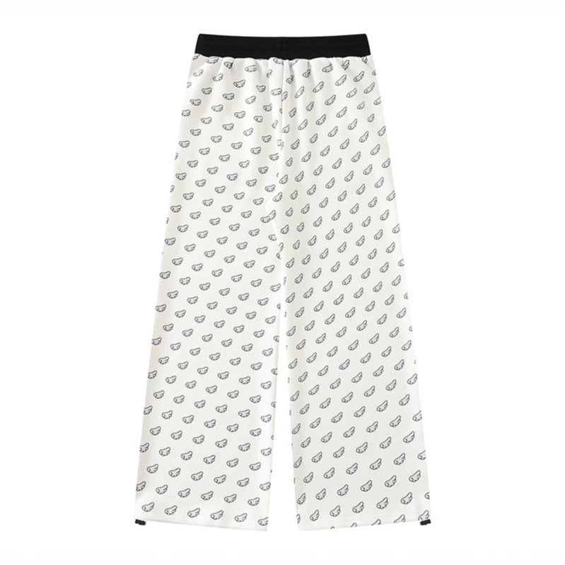 Women's Wide Palazzo Lounge Pants with Elastic Comfort Waistband, Drawstring and Allover Mini Icon Print Mune Fashion