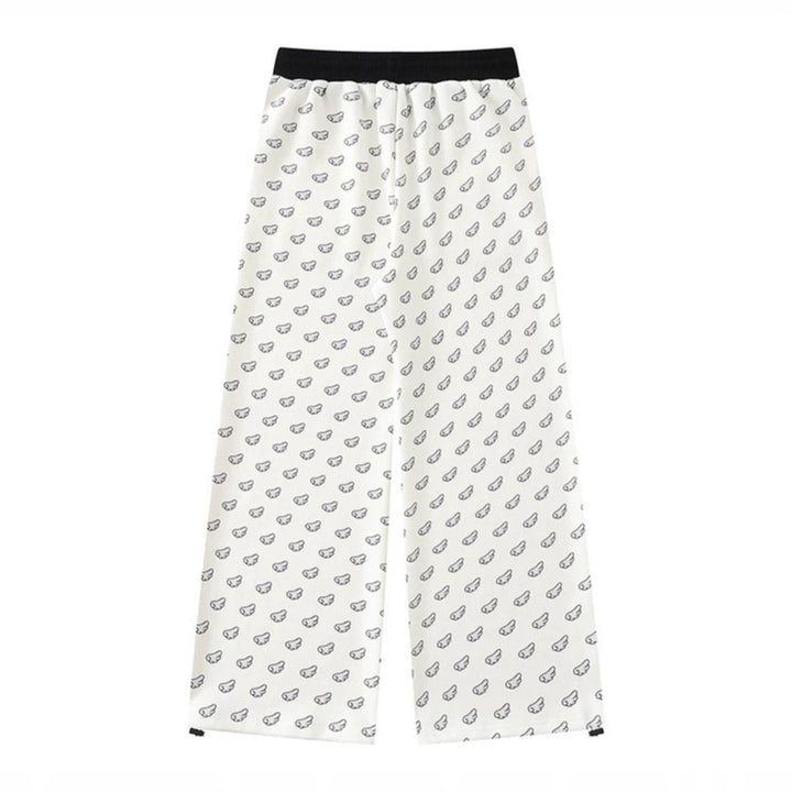 Women's Wide Palazzo Lounge Pants with Elastic Comfort Waistband, Drawstring and Allover Mini Icon Print Mune Fashion