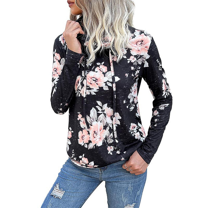 Women's Funnel Neck Sweatshirt with Floral Allover Print and Drawstring Mune Fashion