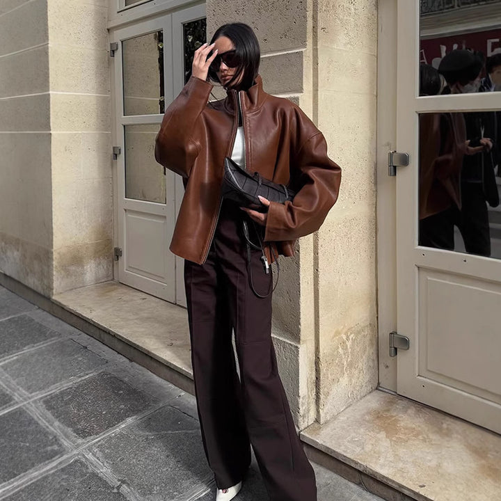 Women's Oversized Leather Blouson with Soft Teddy Lining and Concealed Zipper