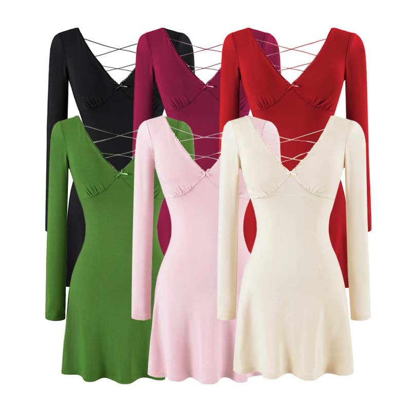 Ladies form-fitting mini dress with a deep V-neckline, gathered bust, and crossed back straps Mune Fashion