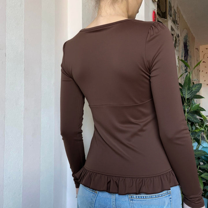 Ladies Long Sleeve V-Neck Shirt with Lace Trim, Embroidered Chest Yoke and Ruffle Hem Mune Fashion