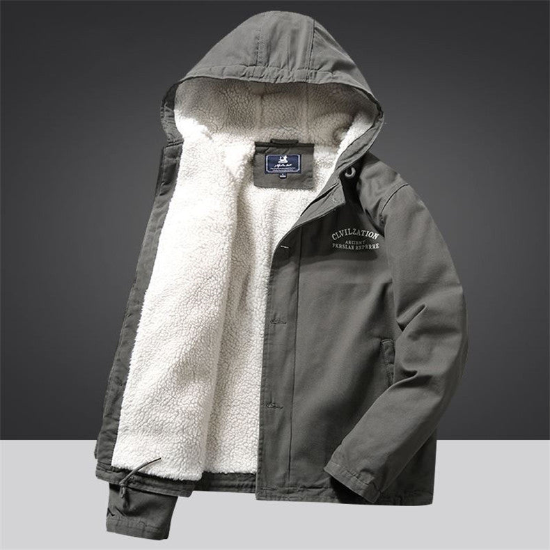 Men's Canvas Hoodie Parka with Continuous Teddy Fleece Lining and Drawstring Mune Fashion