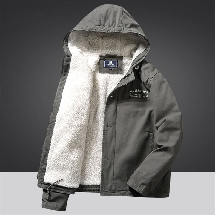 Men's Canvas Hoodie Parka with Continuous Teddy Fleece Lining and Drawstring Mune Fashion