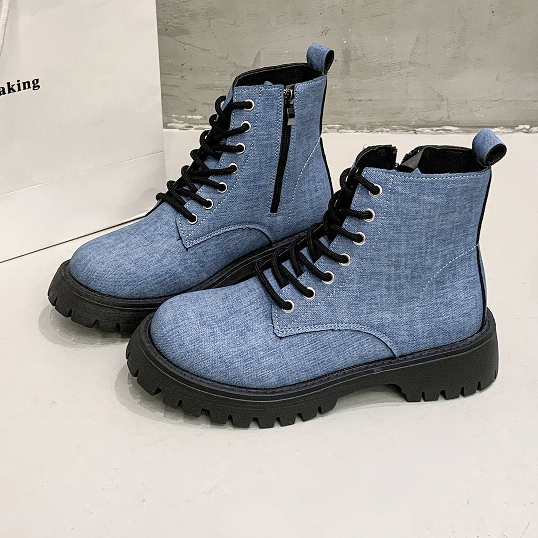 Ladies Chunky Combat Ankle Boots made of denim look with robust profiled sole and side zipper Mune Fashion