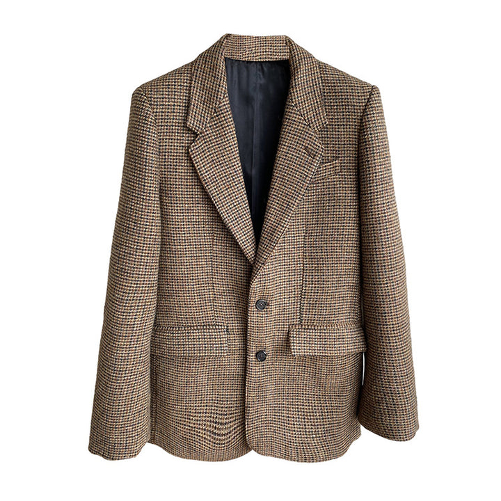 Women's Oversized Tweed Blazer with Elbow Patches, Flap Pockets and Boxy Silhouette Mune Fashion