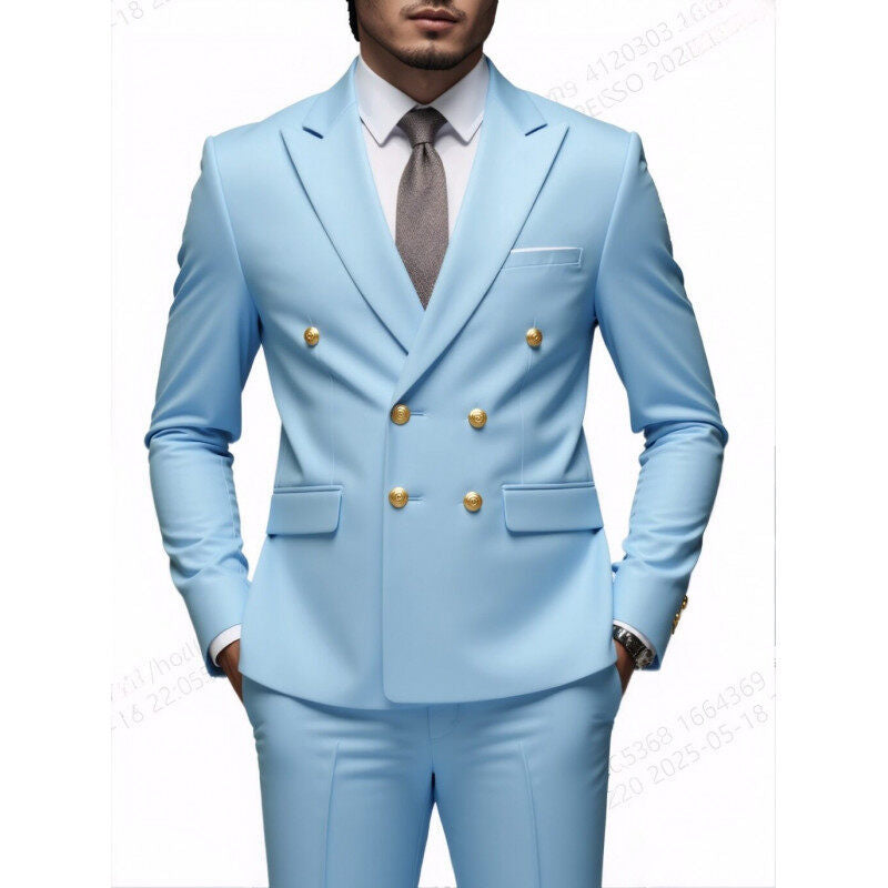 Men's double-breasted Slim-Fit suit with gold decorative buttons and slim business trousers Mune Fashion
