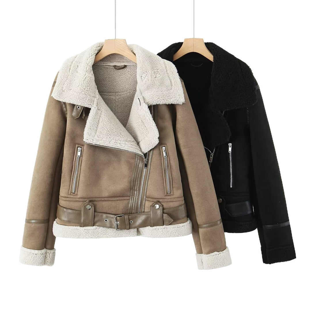 Women's Short Cut Lambskin Imitation Biker Jacket with Asymmetric Zipper, Belt and Teddy Lining Mune Fashion