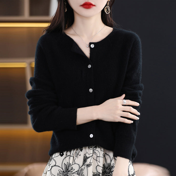 Women's Short-Cut Cardigan in Mohair-Look with Round Neckline and Pearl Buttons Mune Fashion