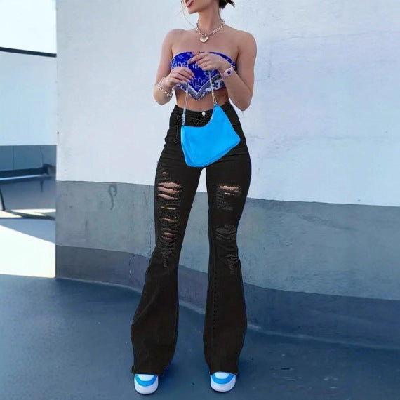 Women's Flared Jeans with High Waist, Sculpting Cut and Strong Destroyed Effect Mune Fashion