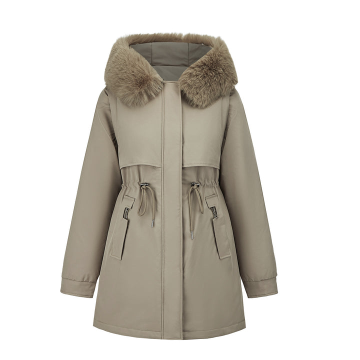 Women's Functional Parka with Removable Faux Fur Collar and Waist Drawstring Mune