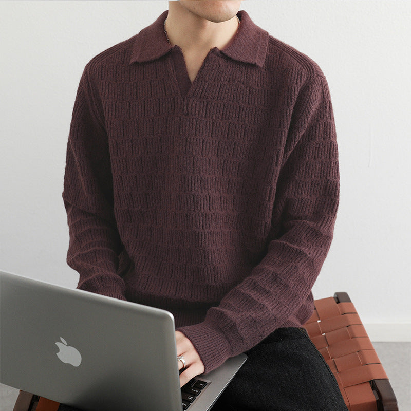 Men's fine knit polo sweater with textured knitting and open V-neck Mune Fashion