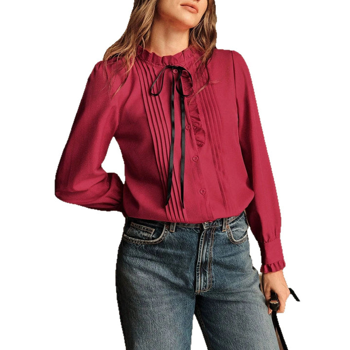 Women's ruffle blouse with stand-up collar, vertical pleats and ribbon tie Drune