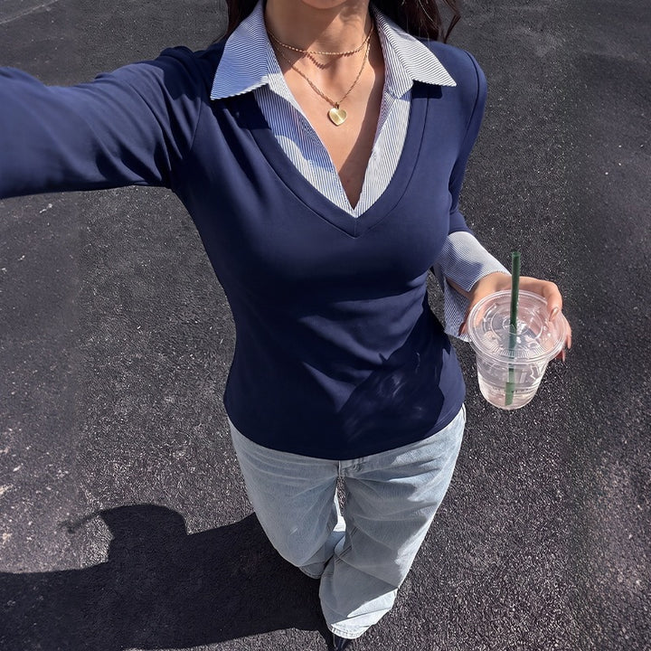 Ladies Elegant Longsleeve Top with Shirt Collar Mune Fashion